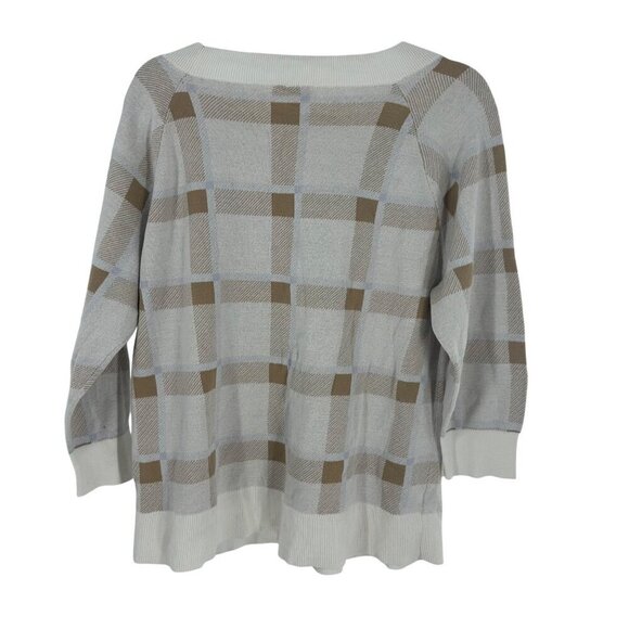 Loft Outlet Womens XL Plaid Knit Sweater Beige & White 100% Cotton Lightweight - Picture 2 of 4